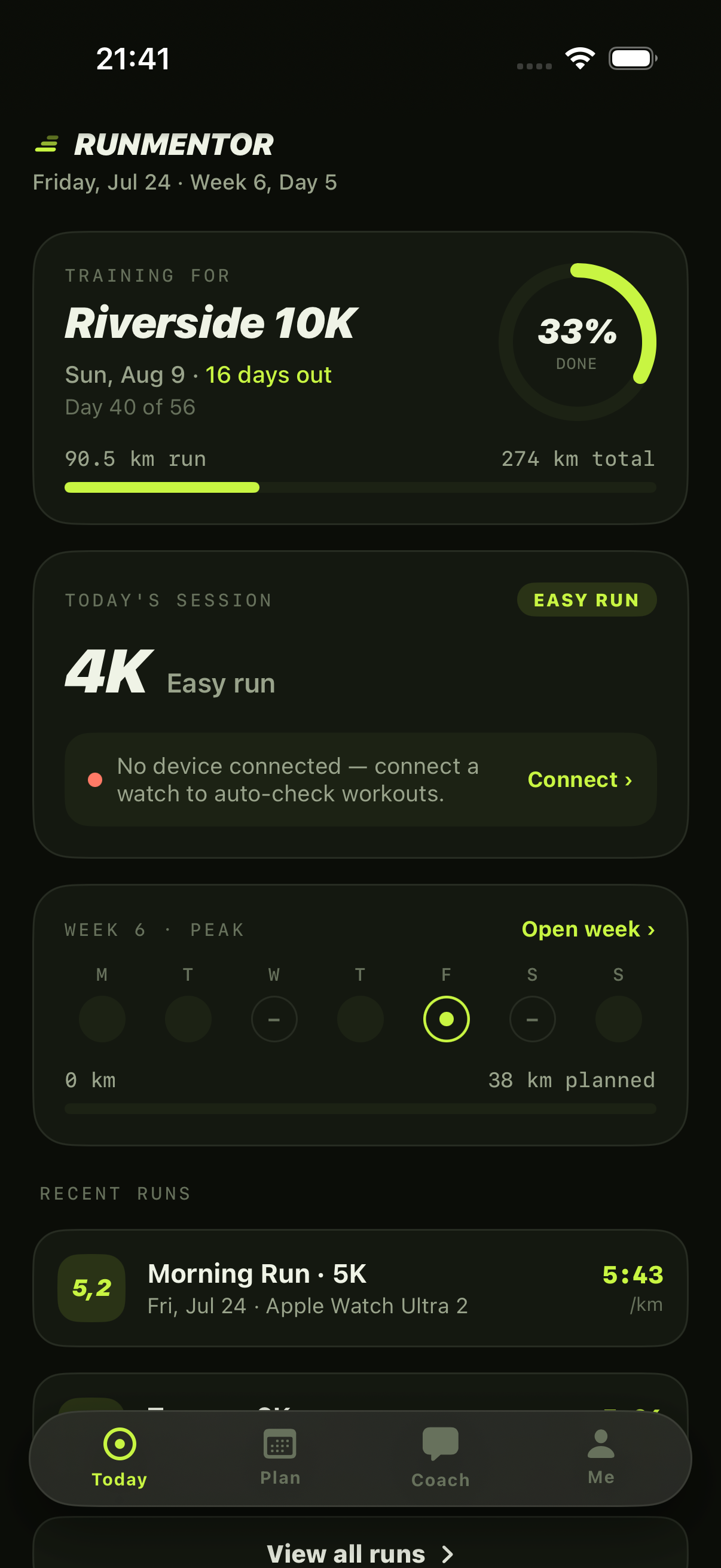 All runs list synced from Garmin and Apple Watch